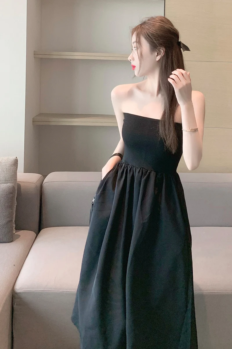 

COIGARSAM Women Long dress Summer High Waist Strapless Dresses White Black 0503