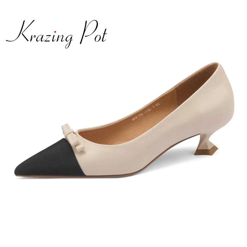 

Krazing Pot cow leather pointed toe strange med heel special design patchwork butterfly-knot beauty lady party women pumps L76