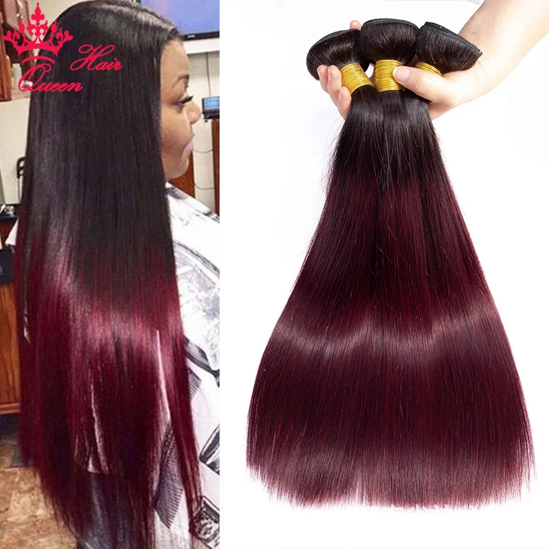 Queen Hair-mechones de cabello humano liso, pelo brasileño ondulado, color ombré 100%, 1B, 99J, n. ° 1B/99J