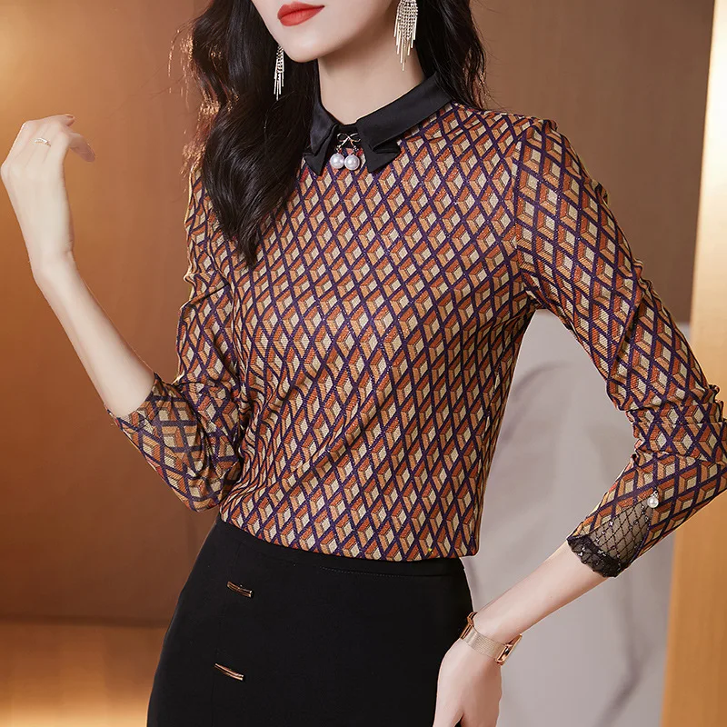 

High-end base shirt Women's plaid slim-fit long-sleeved all-match stand collar T-shirt fall 2020 new autumn top