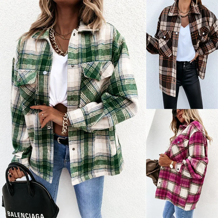

Ins net red autumn and winter loose casual retro plaid long-sleeved shirt jacket women