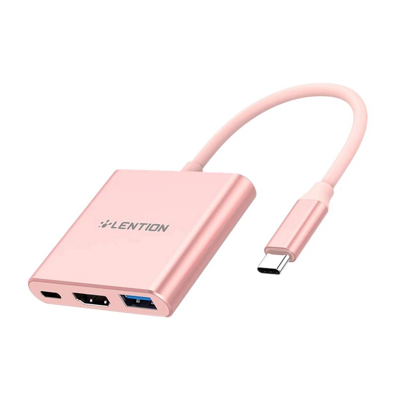 

LENTION C14 3-In-1 USB C Hub with 100W Type C Power Delivery USB 3.0 and 4K HDMI-Compatible Adapter ChromeBook More,Pink