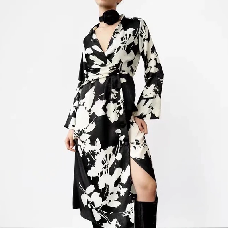 

2021 Autumn Women Fashion Flower Print Dress Vintage Long Sleeve Single-breasted V Neck Slit Female Long Dress OZZ1376