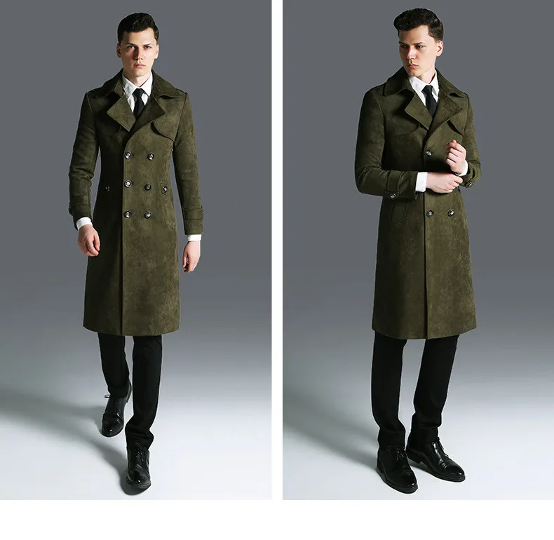 Plus Size Winter Long Jacket Men Suede Windbreaker Mens Black Leather Trench Coat Slim Cloak Male Outerwear Long Coat 5XL 6XL