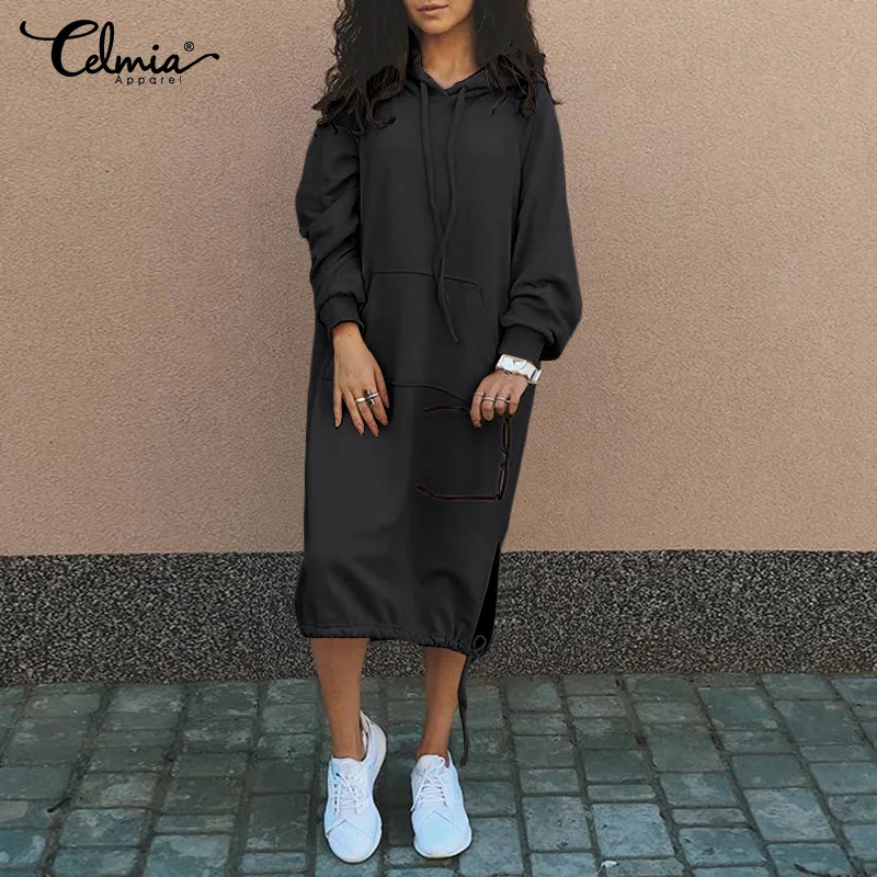 Зимнее платье с капюшоном Celmia женское модное флисовое теплое свитшот длинным
