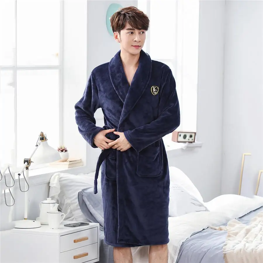 Мужской домашний халат с v-образным вырезом, длинный рукав, кимоно купальный халат, ночное белье, однотонное интимное нижнее белье, зимнее теплое Неглиже - Цвет: Navy Blue 1