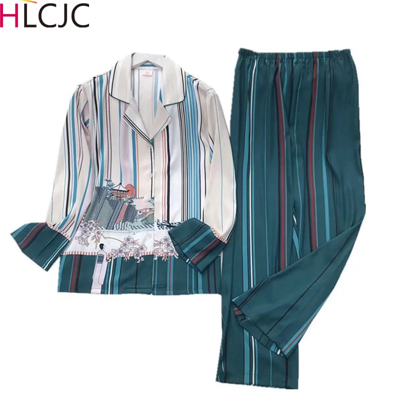 Женская атласная пижама с длинным рукавом в стиле ретро|Комплекты пижам| |