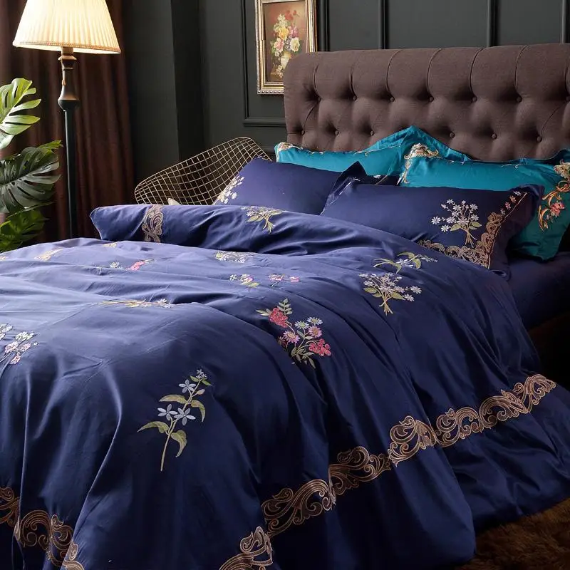 J 4 шт. синий роскошный комплект постельного белья из египетского хлопка