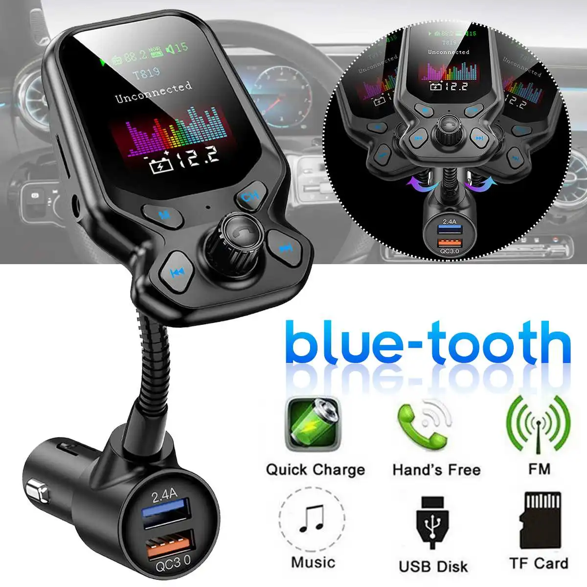 

Автомобильный FM-передатчик Bluetooth 5,0, беспроводной аудиоприемник, Автомобильный MP3-плеер, 2,1 А, двойной USB-разъем, быстрая зарядка, автомобильн...