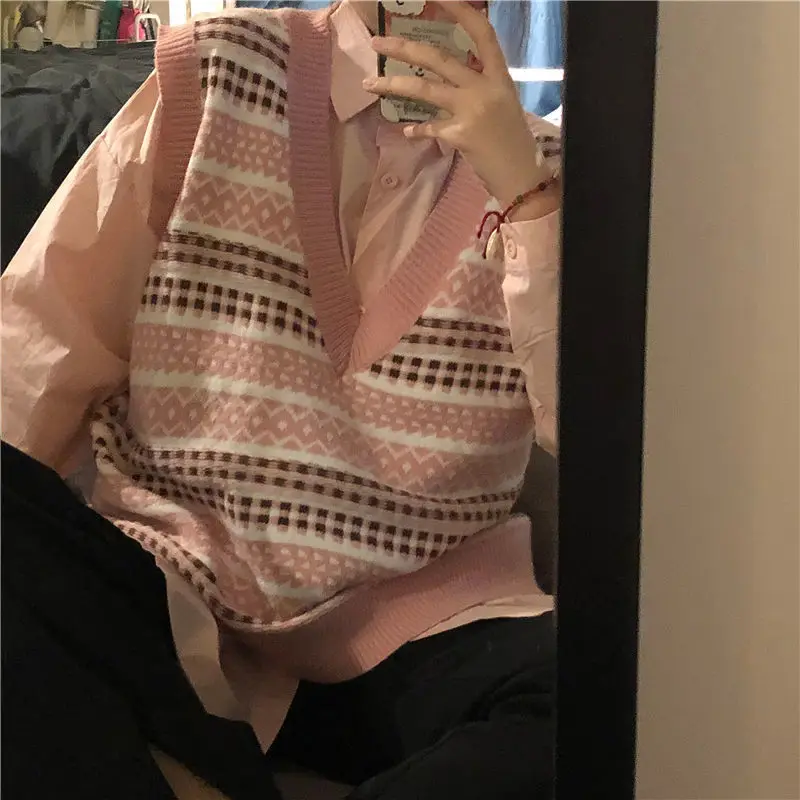 Женский полосатый винтажный свитер без рукавов с V-образным вырезом |