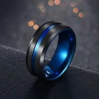 ywshk mens fashion 8mm black brushed ladder edge stainless steel ring blue groove men wedding ring gifts for men dropshipping