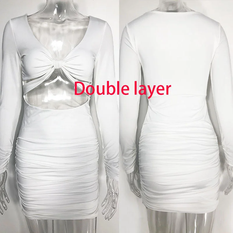 

Sexy Hollow Out V Neck Woman Dress Bodycon Night Club Party 2021 Spring Mini Dresses Long Sleeve Ruched Vestidos Femme Robe