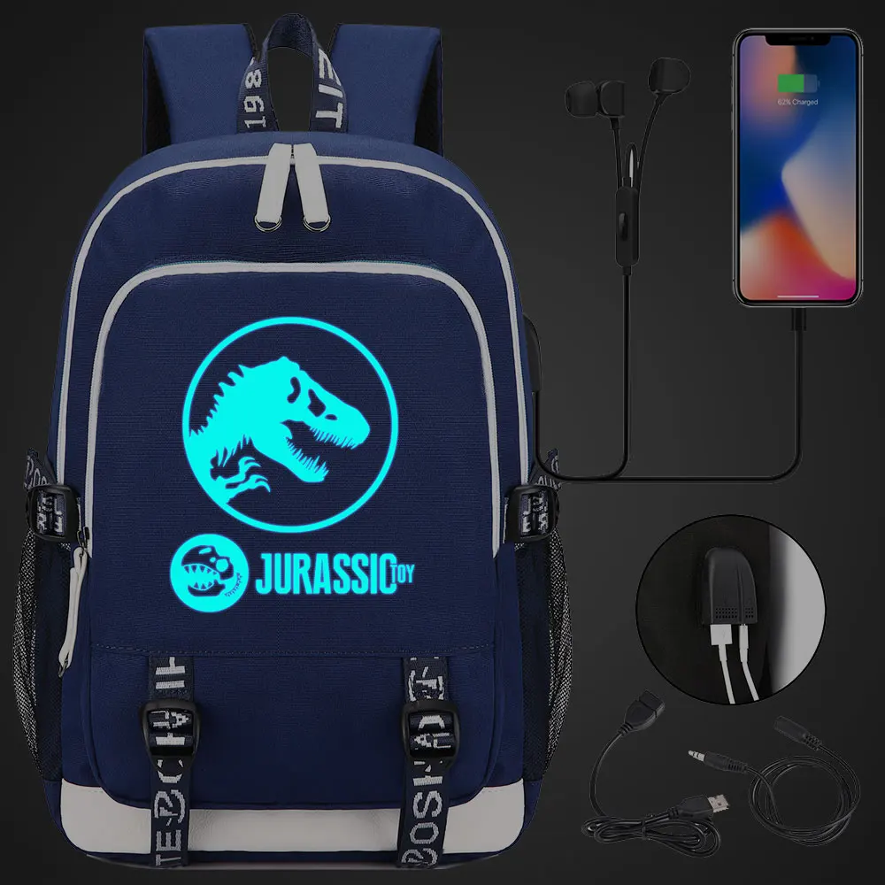 

Blue Luminous Adventure Dinosaur Jurassic Park World USB Boy Girl Book School bag Women Teenagers Men Laptop Backpack Packsack