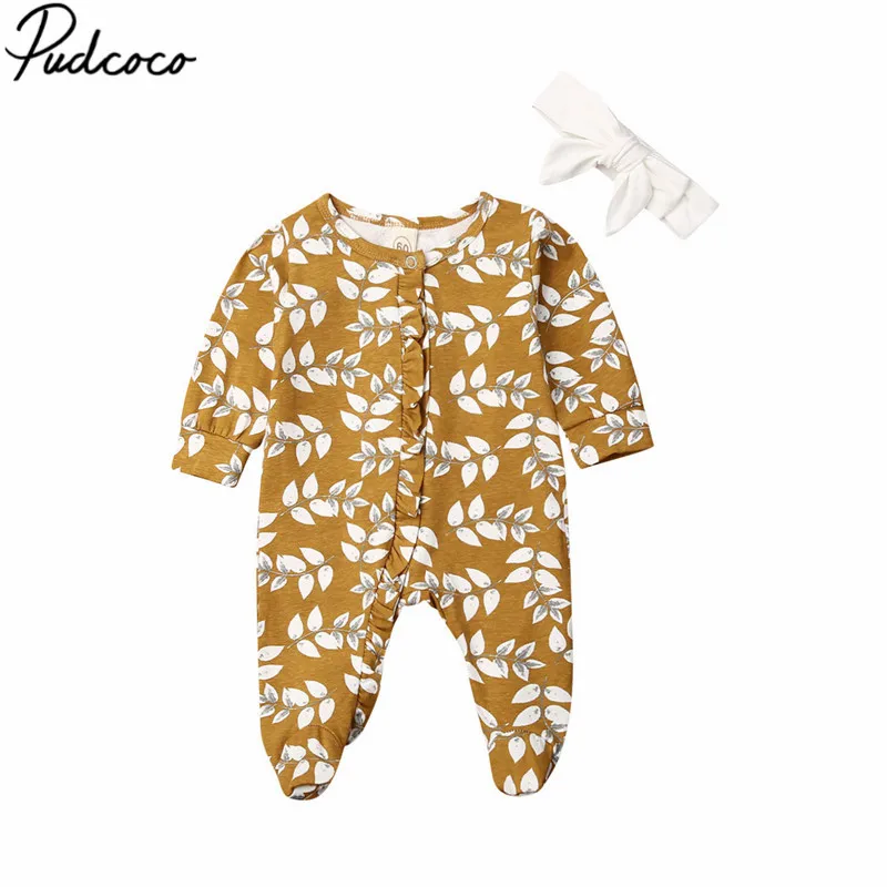 

Хлопковый комбинезон для новорожденных девочек Pudcoco с цветочным принтом, комбинезон, повязка на голову, одежда, комплект одежды