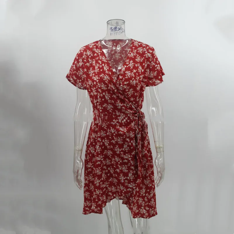 

New 2021 Summer Sexy Women's Short-Sleeved V-Neck Digital Print Short Dress Women Fashion Lace-Up A-Line Mini Dress Femme Robe
