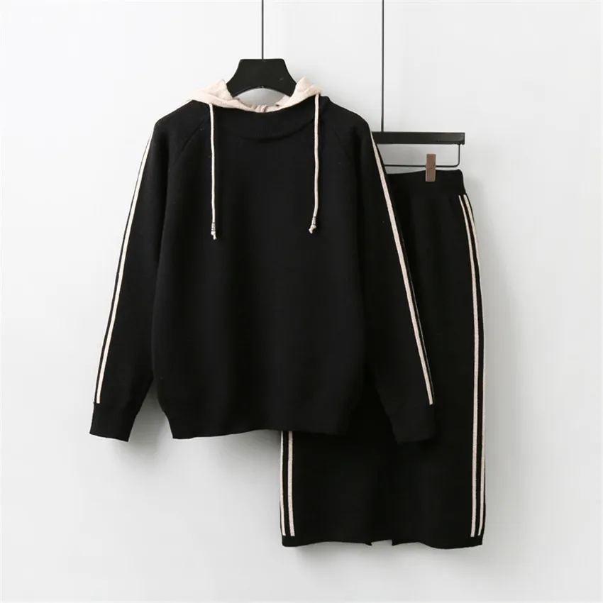 Gowyimmes Autumn Two Piece Women Knitted Sweater+Split Skirt Lady Long Sleeve Hooded Sweaters Tops Female Winter Bottomings 479 | Женская
