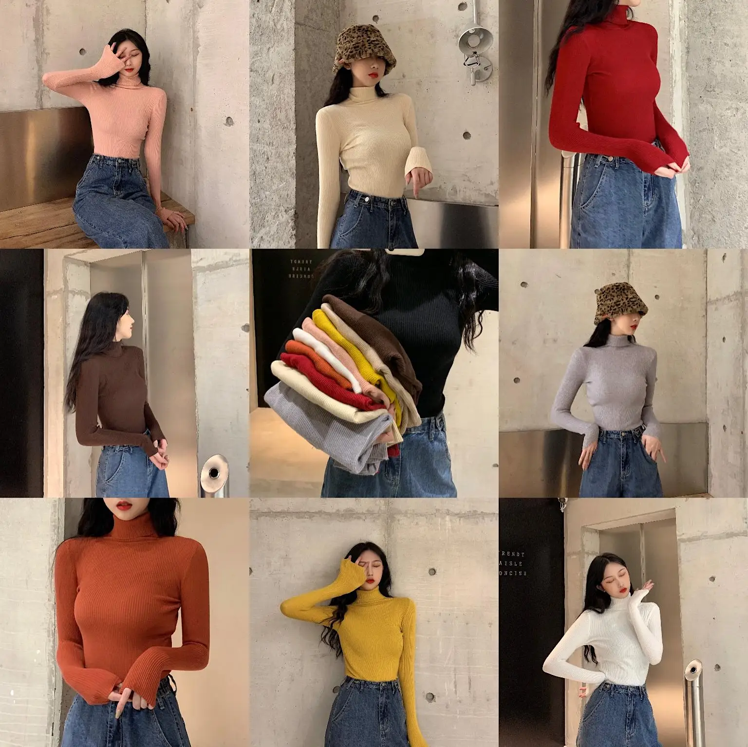 Весенне осенний приталенный минималистичный вязаный базовый свитер с высоким