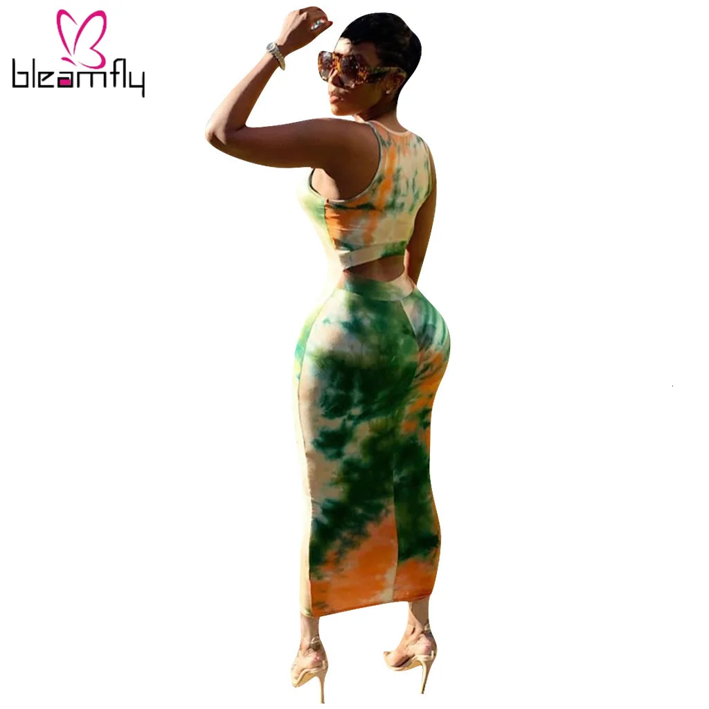 2019 летнее женское платье с вырезом на спине принтом Tie Dye облегающее макси женские