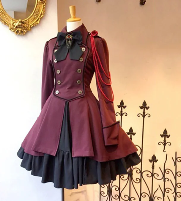 

2021 Vintage Gothic Lolita Dress Ruffle Bow Tie Button Lace Up Knee Length Dress Long Sleeve Sweet Dress