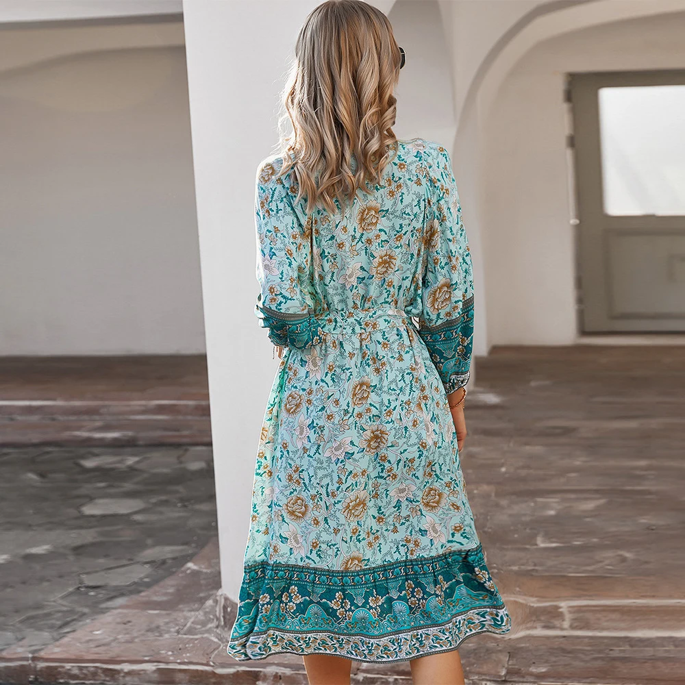 

Fashion Bohemia Dress Women Casual Floral Print V Neck Lace Up Long Sleeve Midi Dresses Spring Lady Sashes Holiday Dress Vestido