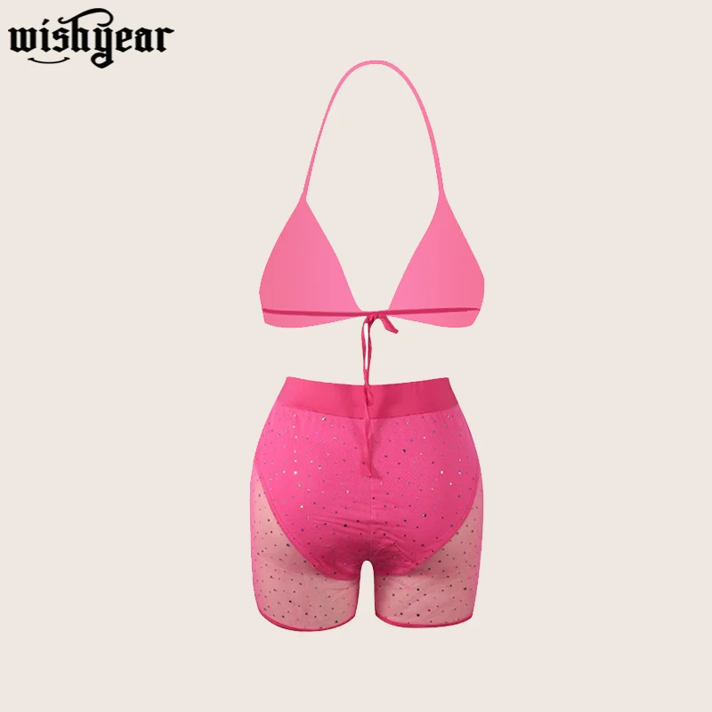 

Wishyear Sheer Mesh Diamonds Night Club 2 Piece Set Women Fashion Sexy Tankini Swimwear Bra Top + Summer Shorts Party Outfits