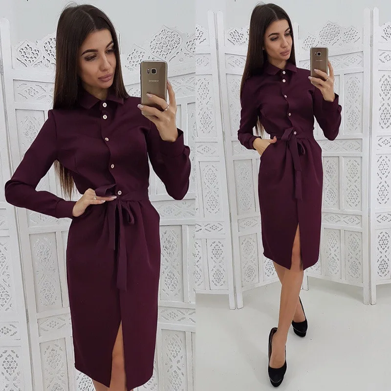 

Dresses autumn long-sleeved solid color lapel collar single-breasted belt dress women