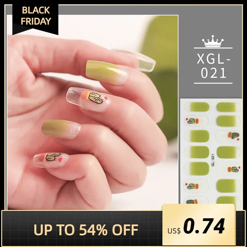 

Dropshipping 16tips Green Cactus Full Cover Nail Stickers Summer Style Nail Art Polish Decoration Stickers for Nails