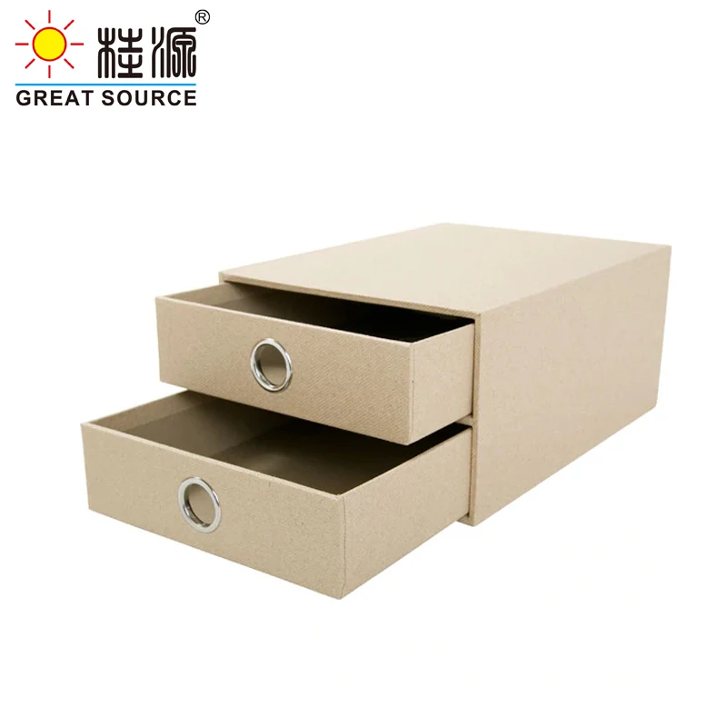2 Layers Storage Cardboard Cabinet Office Desk Top Orgainzer Home Storage 2 Drawers Cabinet Beige Linen Faux Natrual Paper(2PCS)