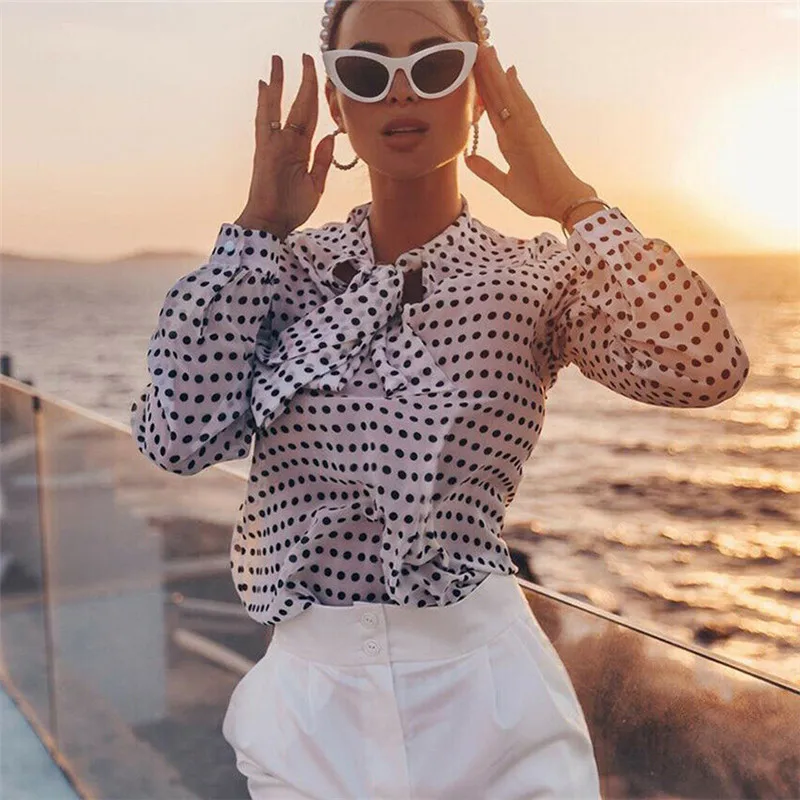 Офисные женские топы и блузки элегантные с длинным рукавом в горошек OL рубашка