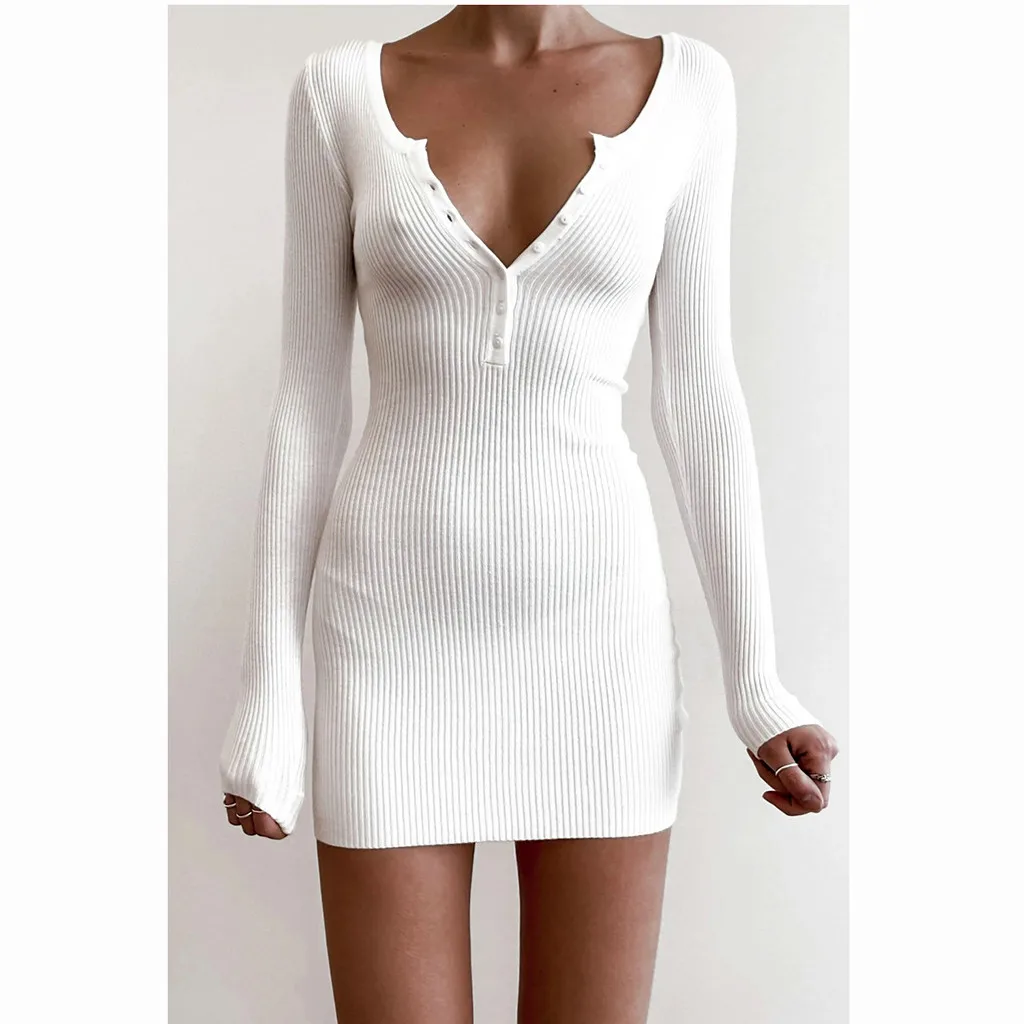 Женское однотонное трикотажное платье с v-образным вырезом длинным рукавом