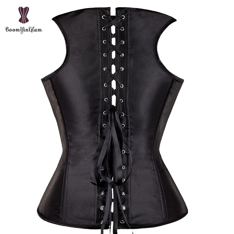 Черный сатиновый Женский корсет на бретельках для тренировки тела под грудь плюс