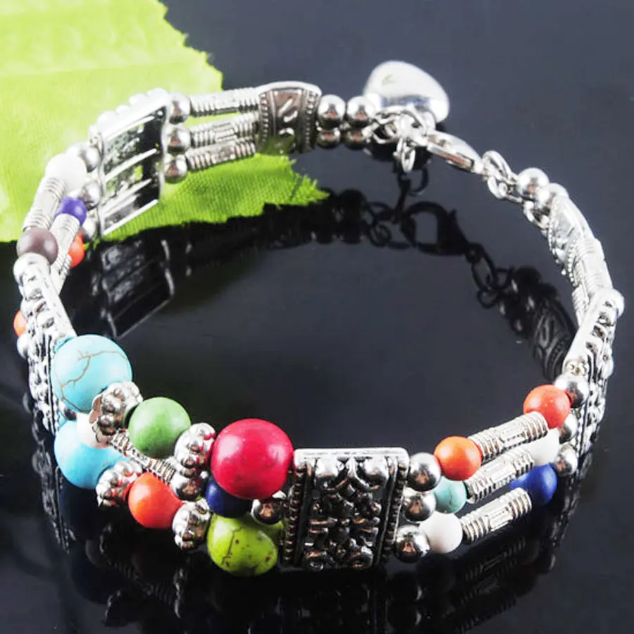 

WOJIAER Tibetan Antique vintage Bracelet Turquoises Gem Stone Round Beads Bracelet Cuff Bangle Jewelry 6.5"-7" PZ624