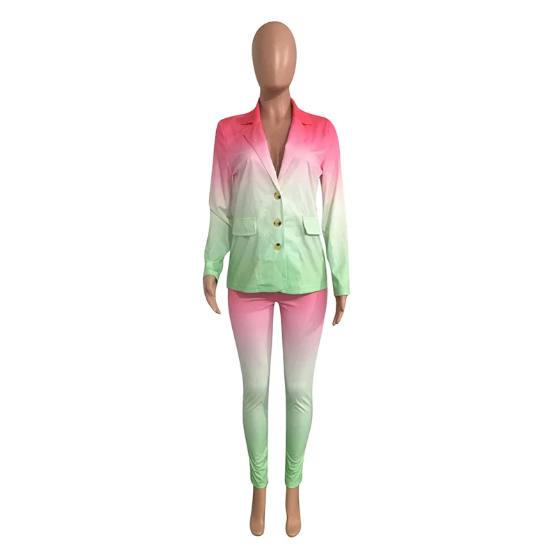 

Gradient Color Blazer Jacket Suits Women 2 Piece Set Long Sleeve Blazers Pants Suit Elegant Streetwear Female Feminina CX1616