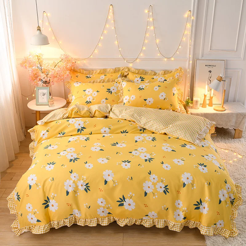 

Nordic Bedding Set Daisy Flowers Printed Bed Linen Skirt Plaid Duvet Cover Single Double Queen King Quilt Covers Sets Bedclothes