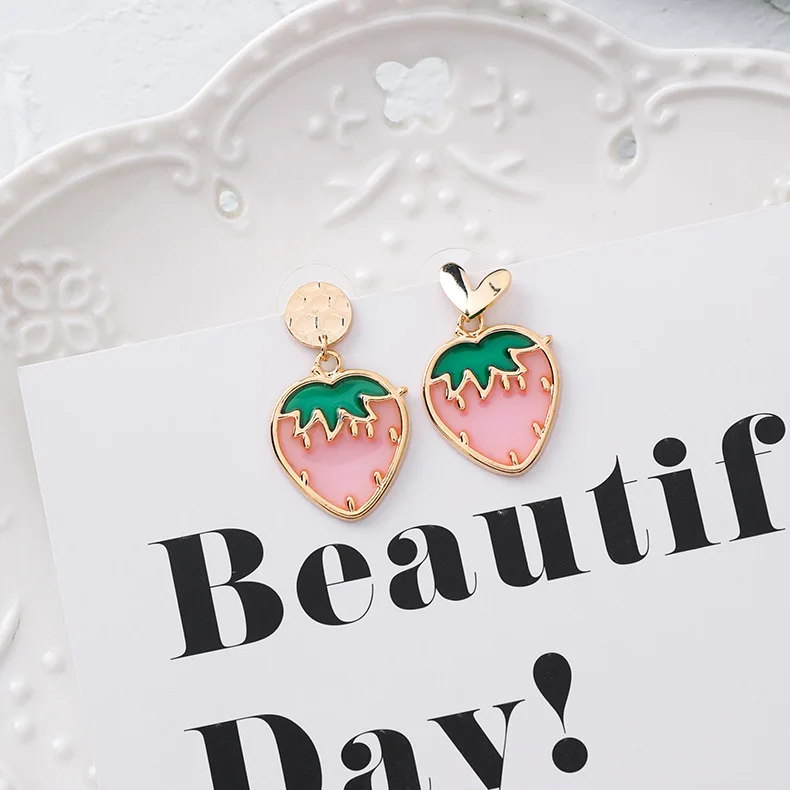 Kawaii Red Pink Strawberry Fruits Earrings Female Cute Korean Fashion Jewelry for Women Accessories Brincos Oorbellen | Украшения и