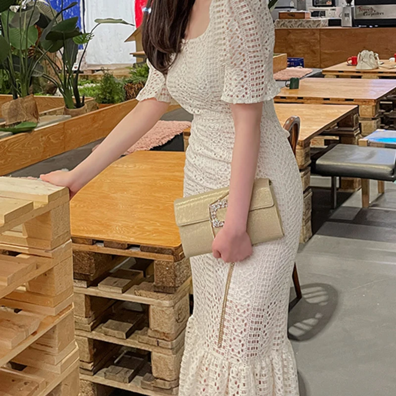 

2021 New Square Collar Lace Mermaid Dress Women Summer Office Wear Short Sleeve Slim Lace-up Mid-Calf Party Bodycon Dresses