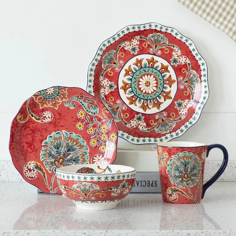 

Семь цветов красные керамические китайские тарелки Европейский бытовой Набор посуды 6 дюймов миска 8,8/10,8 дюймов тарелка для мяса салата 450 м...