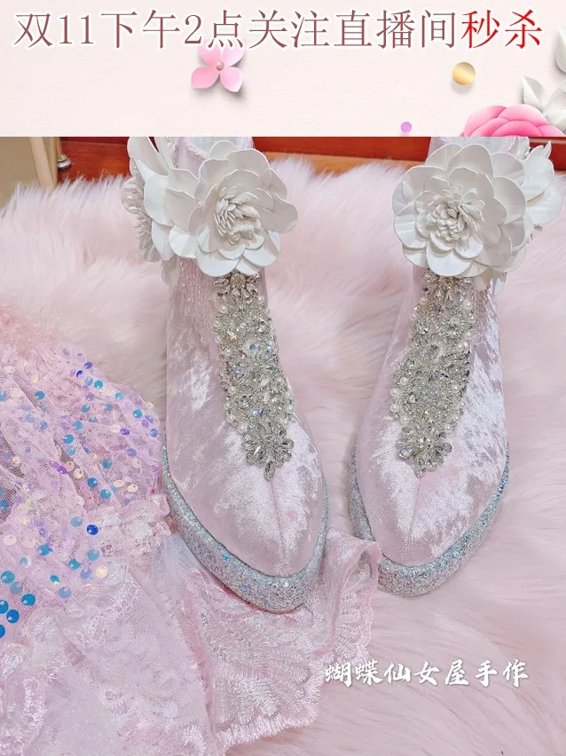 

Inner heightening Leather Flower Pearl tassel Pink Fairy boots velvet snow boots plush cotton shoes water drill