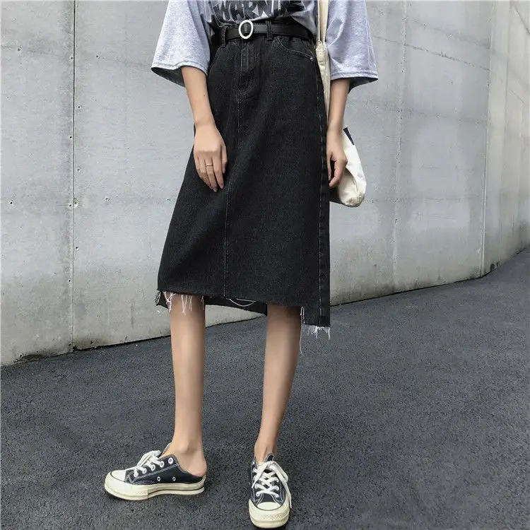 

Skirts Women Pure Black Denim Summer Asymmetrical A-line High Waist Girls Skirt Sashes All-match Leisure Student Streetwear