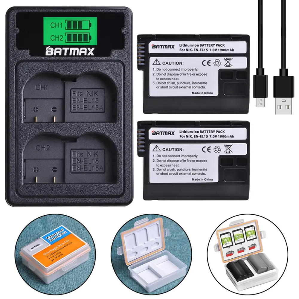 Аккумулятор Batmax EN-EL15 ENEL15 + двойное зарядное устройство с ЖК-дисплеем и портом Type C