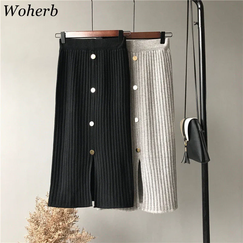 Woherb в Корейском стиле пикантные Разделение женские юбки в стиле casual зимние трикотажная юбка-карандаш Женская Высокая талия длинная юбка Jupe Femme 20254