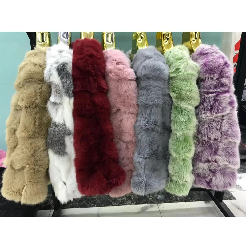 Натуральное кроличье меховое короткое пальто с круглым вырезом зимнее модное