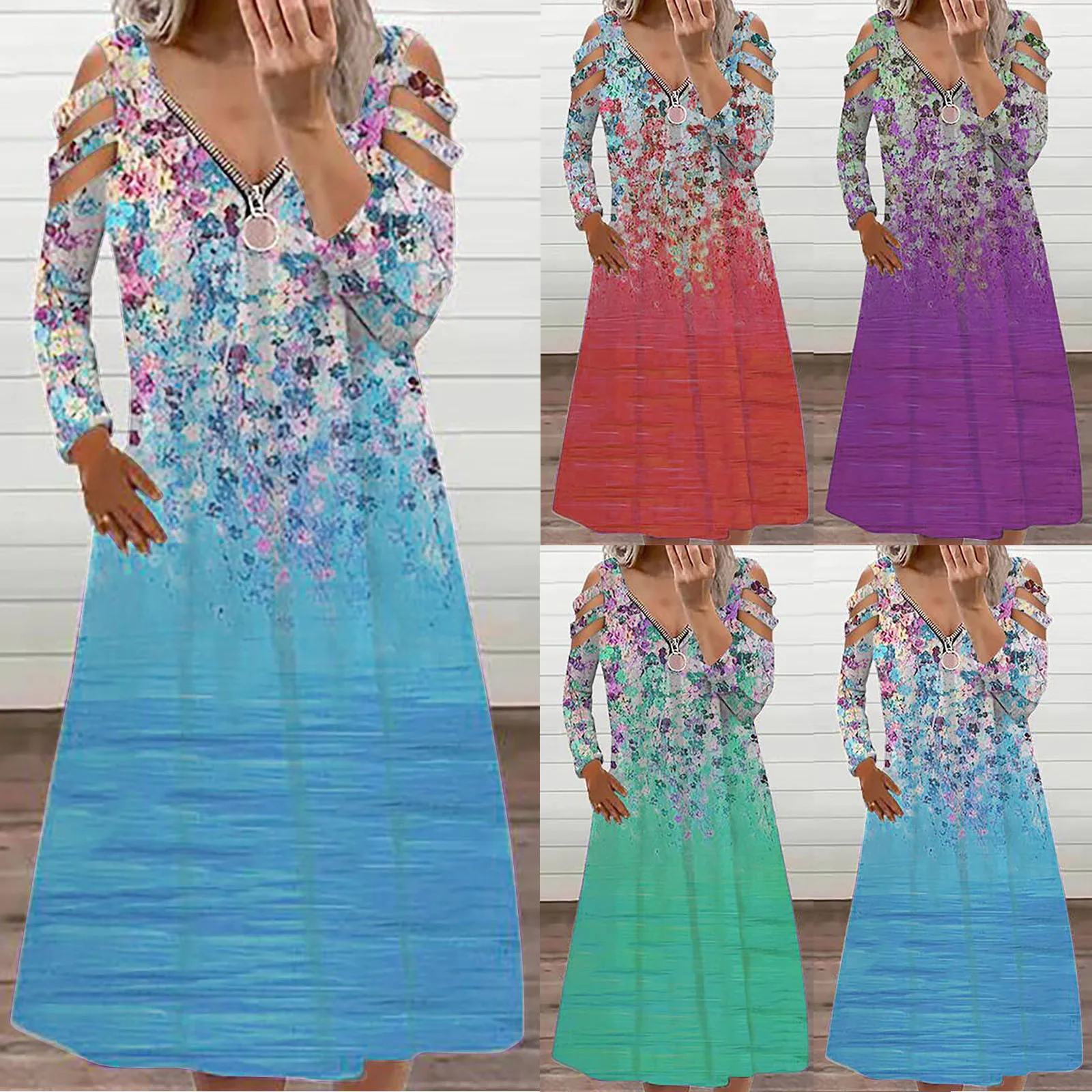 

Женское модное Повседневное платье на бретельках с V-образным вырезом и длинным рукавом, Привлекательное платье средней длины на молнии с о...