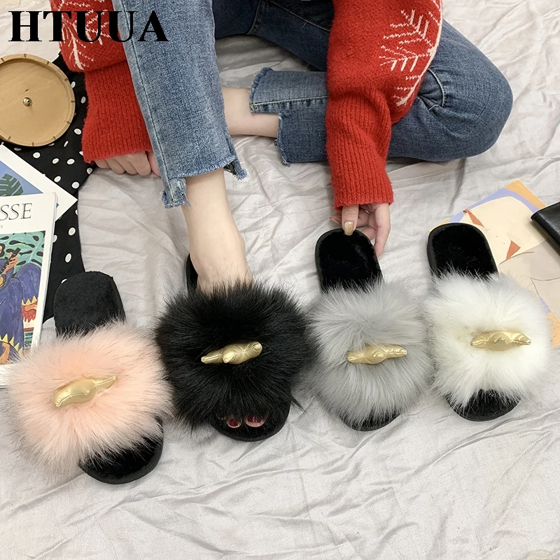 HTUUA/пушистые меховые тапочки; женские меховые шлепанцы; сезон осень-зима; домашние тапочки с закрытым носком; женская обувь на плоской подошве; SX3422