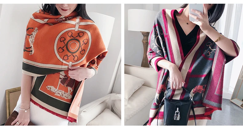 Luxury Winter Cashmere Scarf For Women Warm Pashmina Shawls and Wraps Fashion Chain Animal Print Kerchief Scarves For Lady