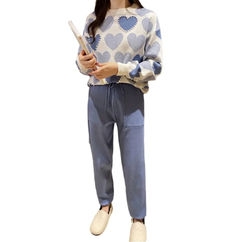 

2022 Spring Knitted Suits Women Two Pieces Set Fashion Love Heart Print Sweater Pullover Jogger Pants Casual Tracksuits Female