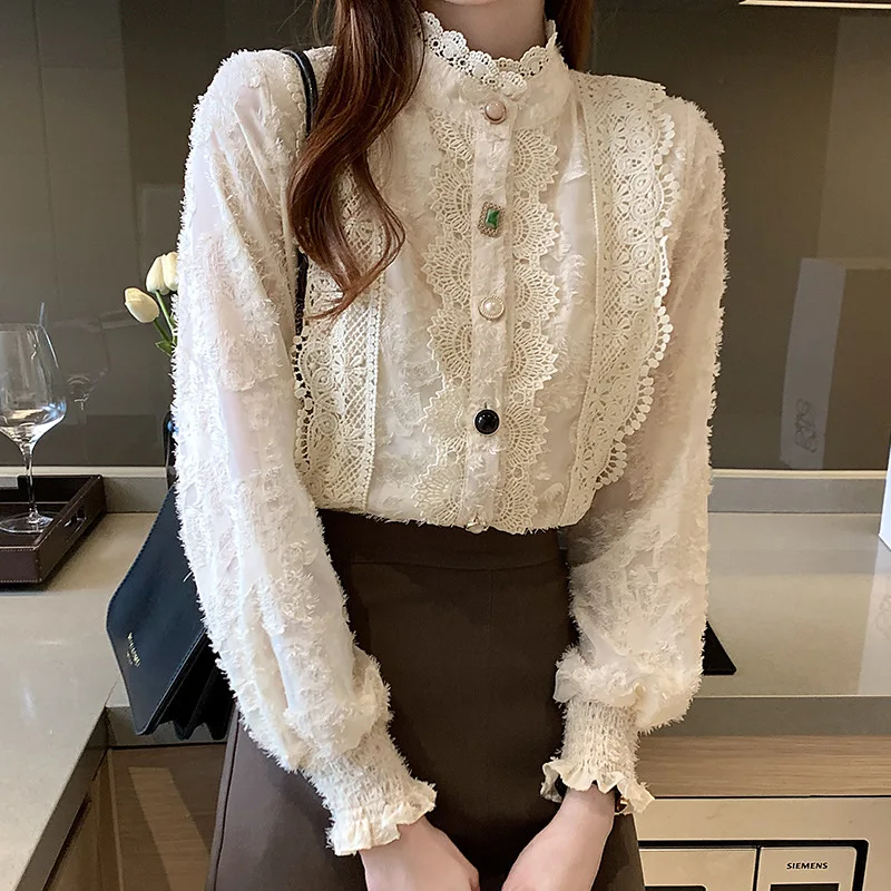 

Vintage Lace Patchwork Chiffon Tops Woman Clothes Korean Style Elegant Camisas Lantern Long Sleeve Blouse Pearl Button Up Shirt