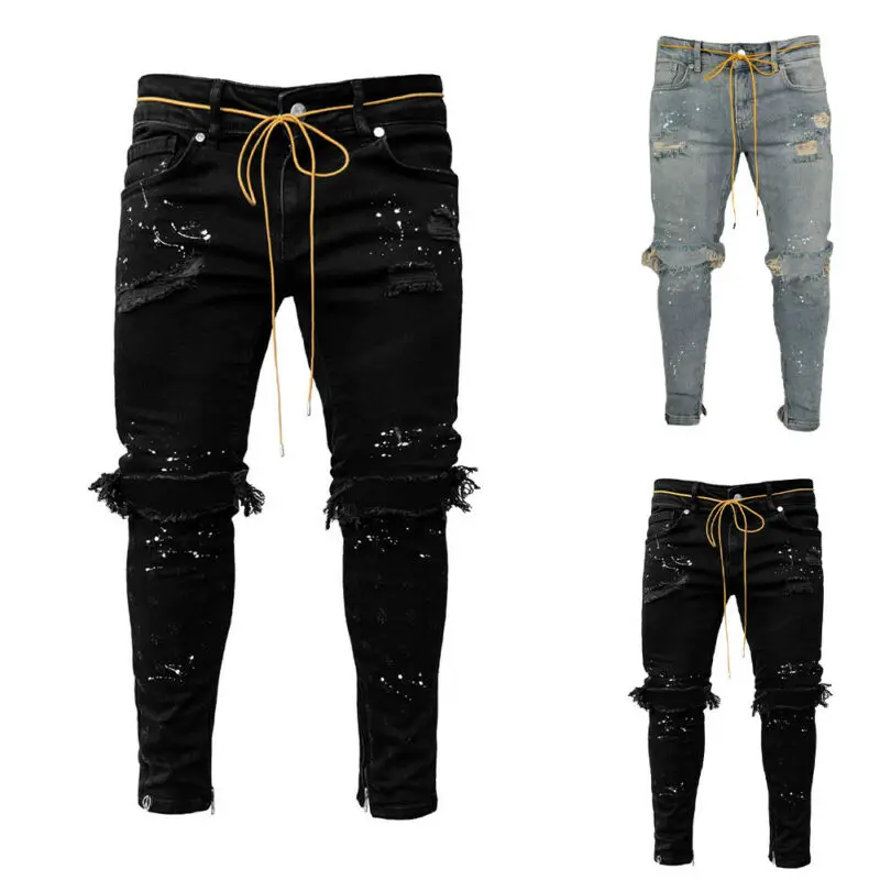 

High-Quality Men's Slim-Fit Jeans Ripped Fashion Solid Color Lace-Up Trousers 2021 New Spring Street Fashion Clothing S-3XL