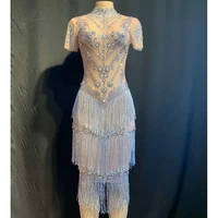 women birthday party celebrate stones dress bling silver rhinestones fringes dress backless sexy club jazz stage costumes women
