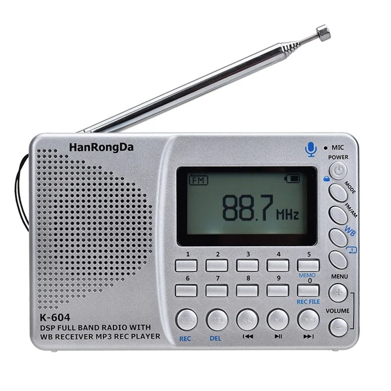 

FM Stereo Radio AM WB Multifunctional Radio MP3 Player with Time Display Card Line-in Recorder Support TF Card K-604